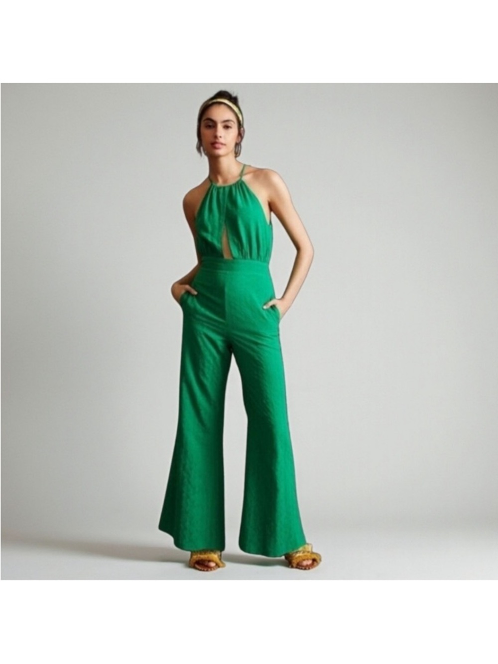 Anthropologie Emerald Halter Wide-Leg Jumpsuit if by sea